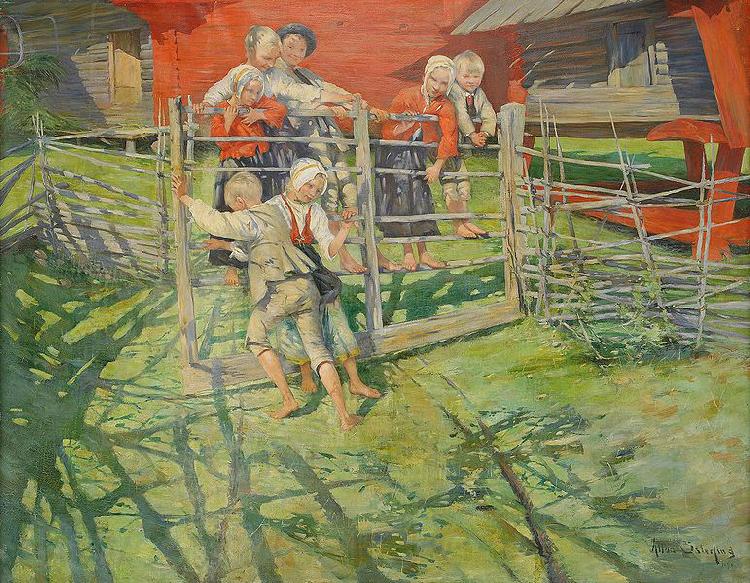Allan osterlind Lekande barn - sommar pa fabodvallen Norge oil painting art
